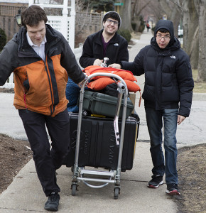 [Left to Right] Nate, Josh, and Jordan bring equipment back after the Talmud MOOC wraps filming.