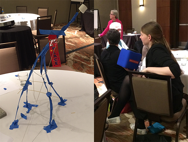 [Left] My team's spaghetti-tape-string marshmallow support tower. [Right] Laura speaks into a toss-and-catch foam microphone box, debating the meaning of a team.